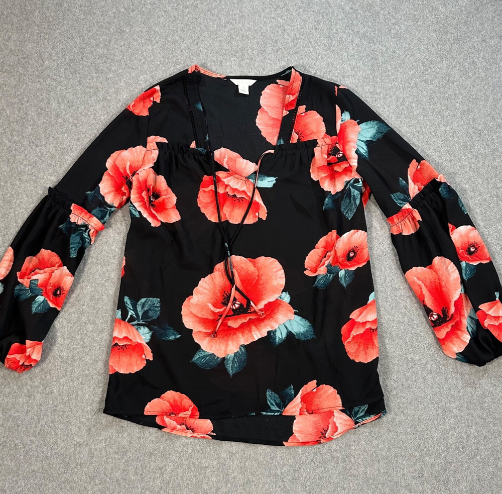 Caslon Sheer Floral Tunic Top Women's Small Red Poppies Balloon Sleeve Ruffle